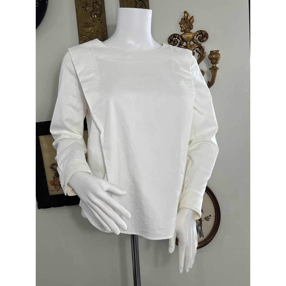 Stella Ciffon White Structured Long Sleeve Boatneck Blouse Top Size 36 Japan